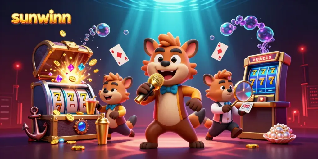 Experience exciting gaming action at sunwinn with lively hyenas in a vibrant casino club setting.