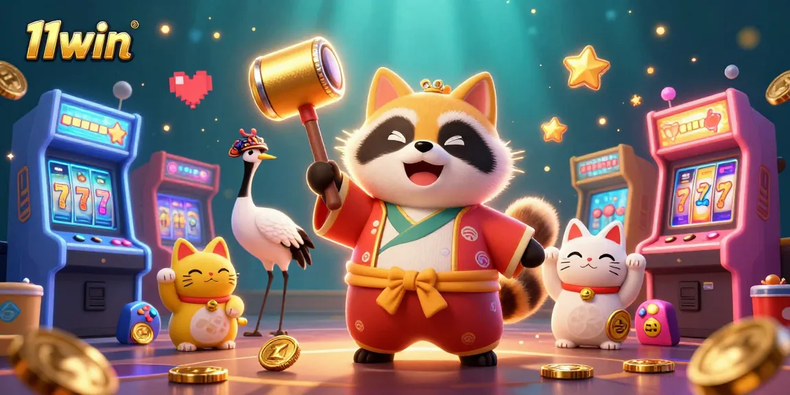 Experience the excitement of 11win with a playful tanuki, crane, and maneki-neko amidst vibrant gaming elements.