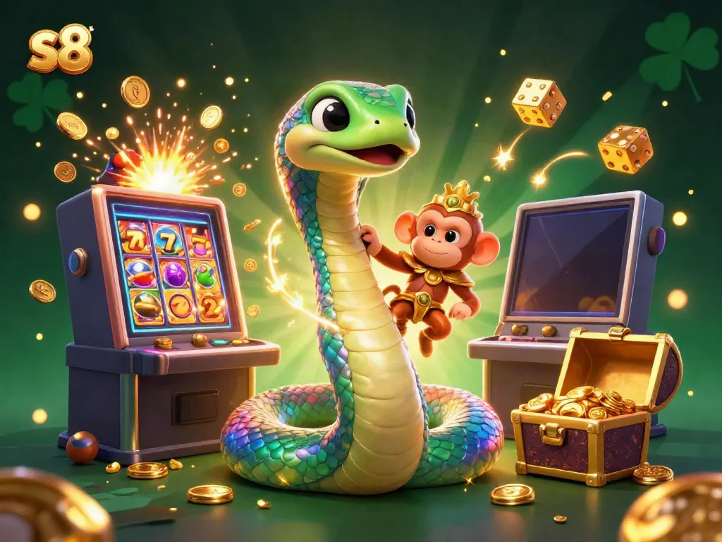 Engage with s8's vibrant casino atmosphere, featuring a rainbow serpent and monkey king among slot machine explosions.
