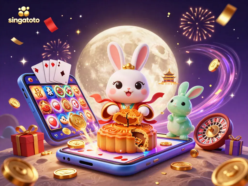 Experience excitement with Singatoto's vibrant casino scene featuring a moon rabbit and poker chips.