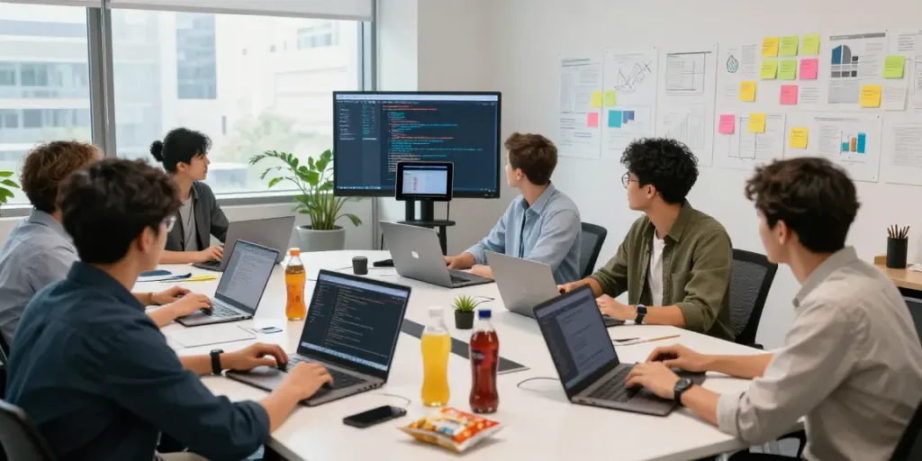 Collaborative software developers engaged in creating sponsored software articles in a vibrant office.