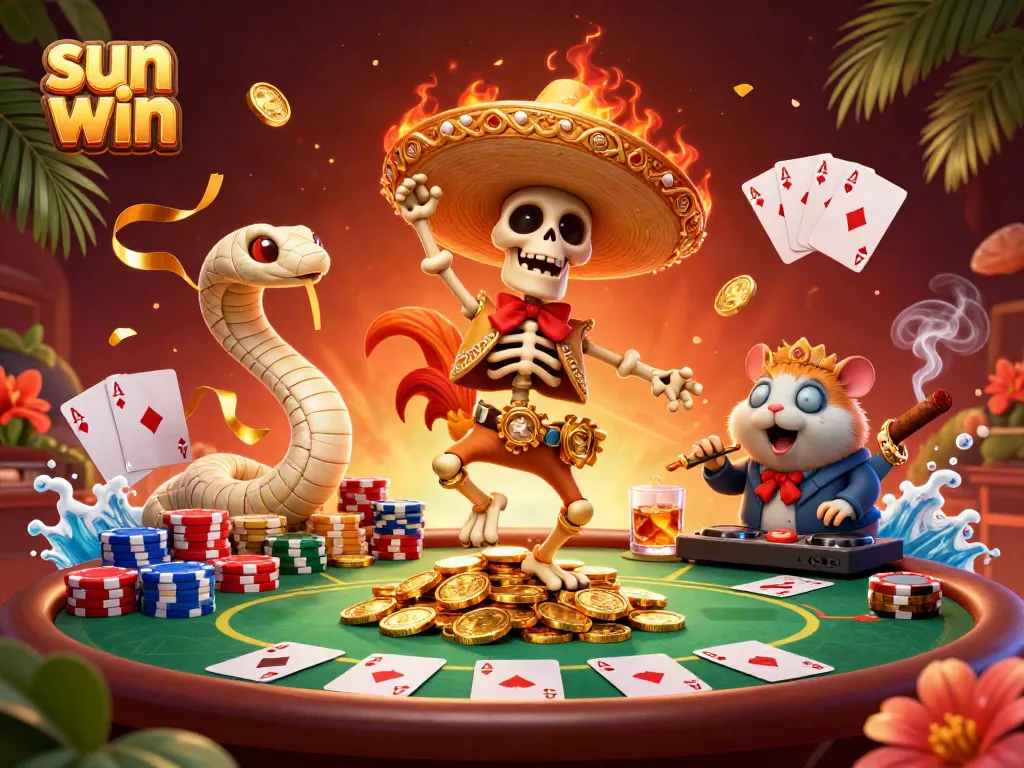 Experience thrilling wins at sun win with a lively scene featuring unique 3D characters and poker game elements.