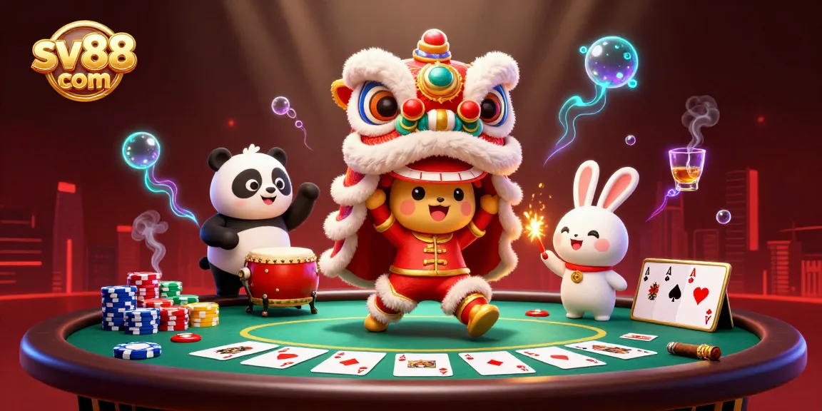 Experience thrilling action at sv88 com with a vibrant lion dance scene and poker game elements.