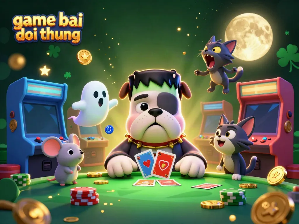 Engaging scene of game bai doi thuong with unique characters and vibrant casino elements.
