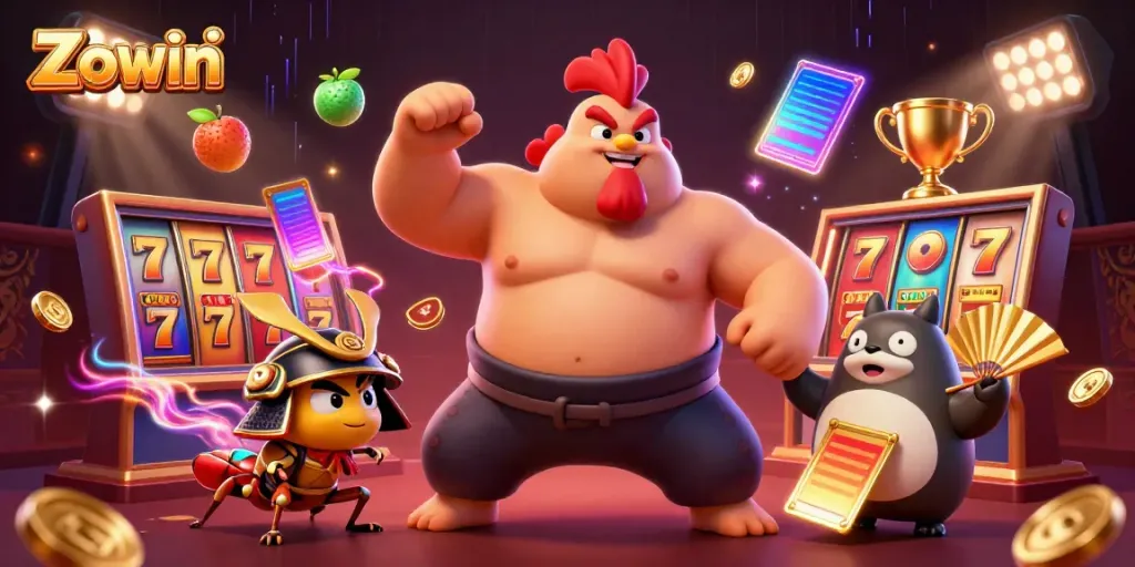 Zowin's vibrant casino scene illustrating powerful characters amidst slot machines and dynamic gaming elements.