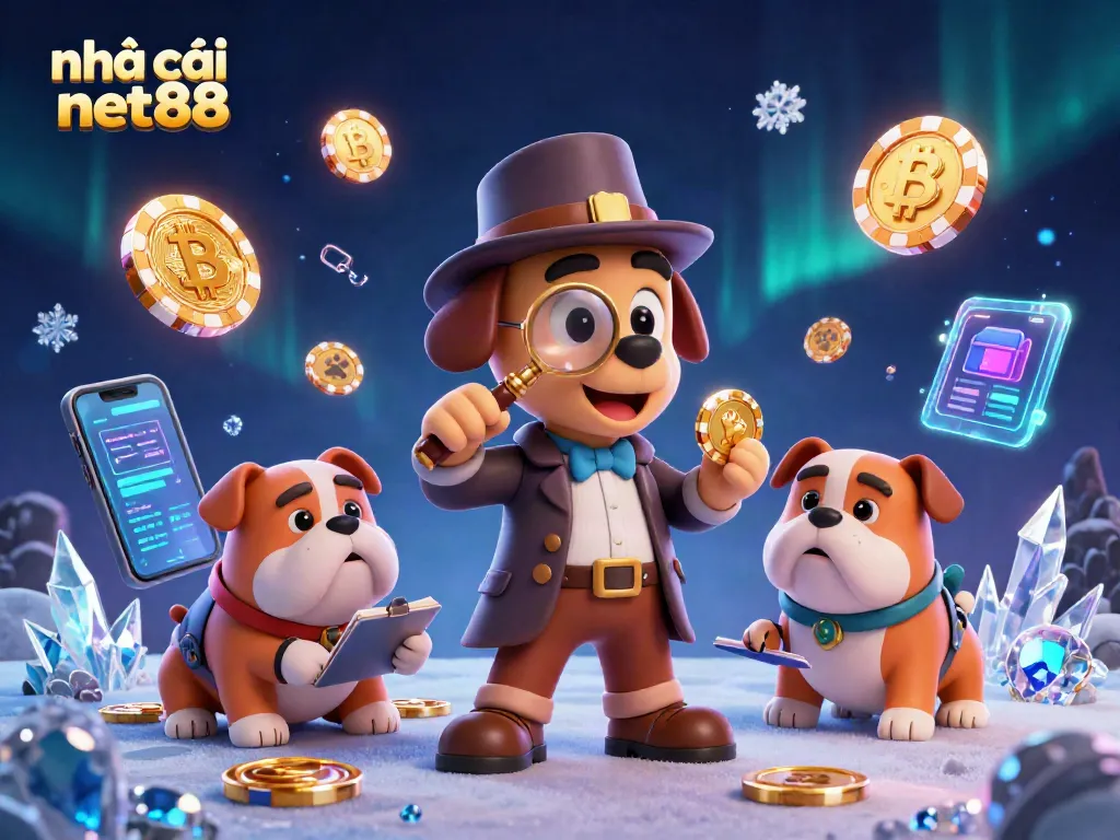Engage with nhà cái net88 as a bloodhound detective explores a casino clue with neon crypto elements.