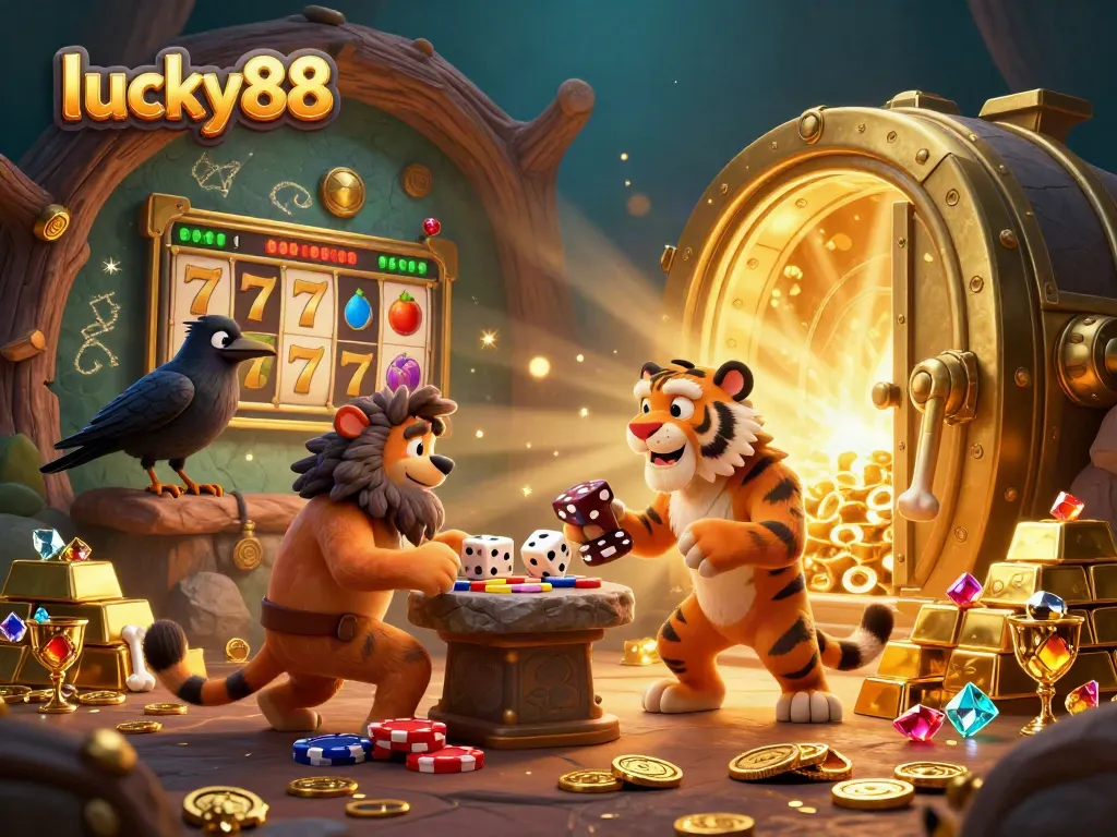 Engage with the vibrant lucky88 casino scene featuring a caveman and sabertooth managing dynamic slot games.