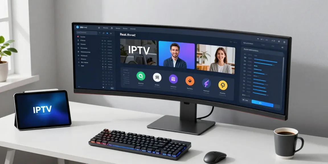 IPTV reseller dashboard displaying analytics and metrics in a modern office setup, showcasing advanced technology and digital solutions.