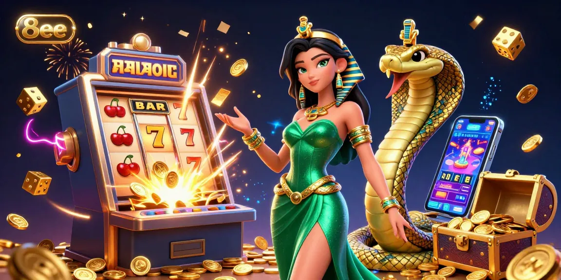 Engage with thrilling wins at 8eee, where a stunning scene showcases jackpot excitement amidst vibrant casino elements.