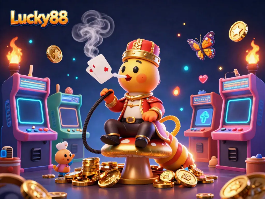 Engage with Lucky88's vibrant world featuring an enormous cartoon caterpillar in a royal setting, surrounded by gaming elements.
