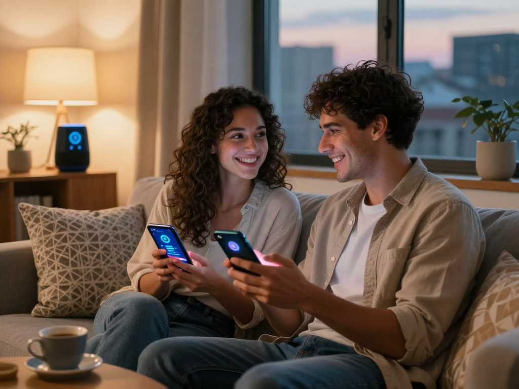 A couple enjoying ai sex through an innovative dating app at home, showcasing modern technology in a cozy atmosphere.