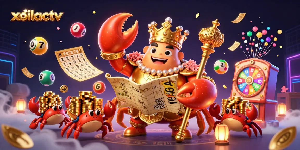 xoilactv showcases a golden crab emperor with treasures in a vibrant casino scene.