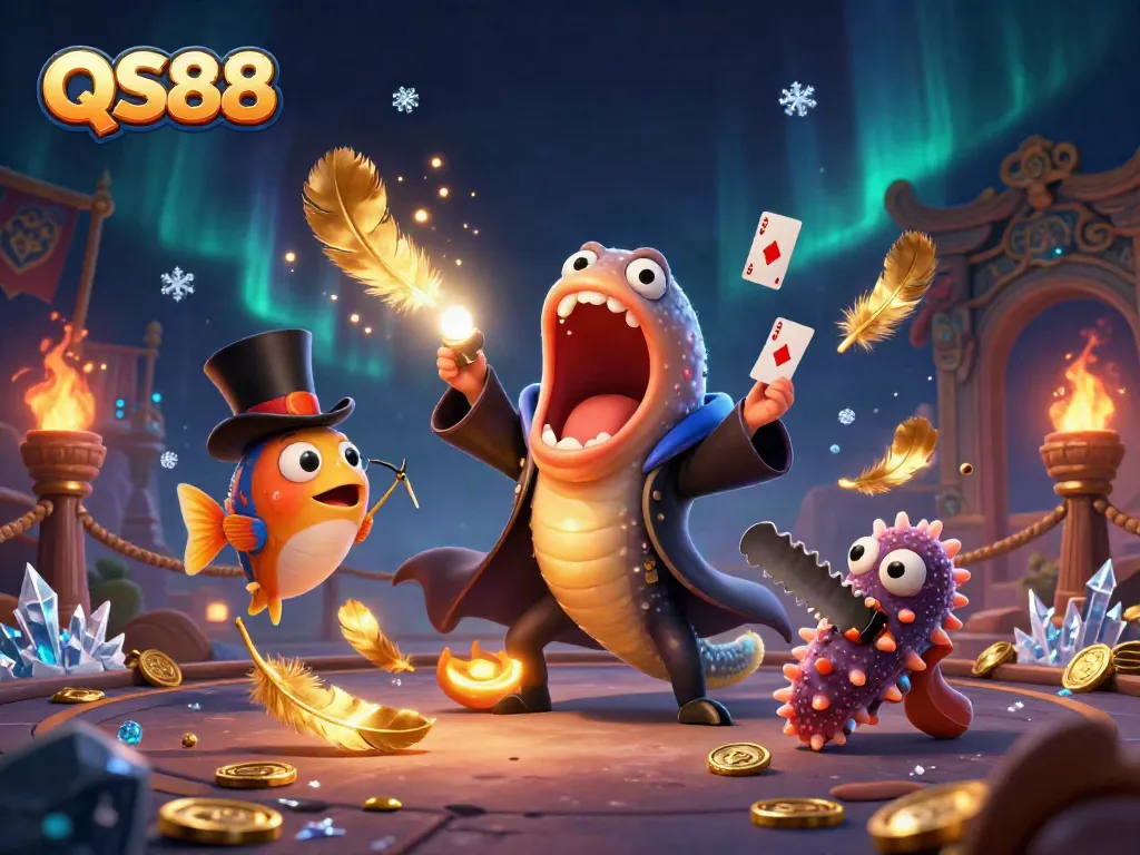 Experience the dynamic magic of QS88 with animated creatures performing a casino-themed act.