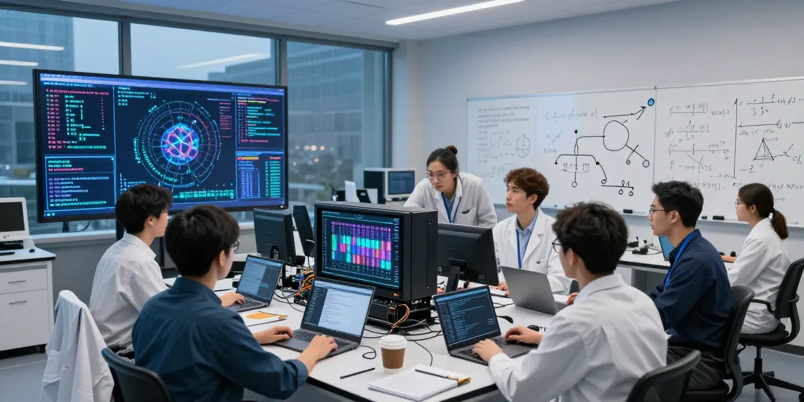Quantum computing research team collaborating around a sleek quantum computer, showcasing data analysis and innovation.
