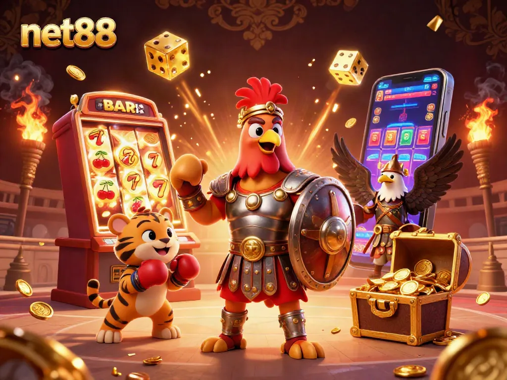 Experience the thrill of net88 with a vibrant 3D illustration showcasing a gladiator rooster and exciting casino elements.