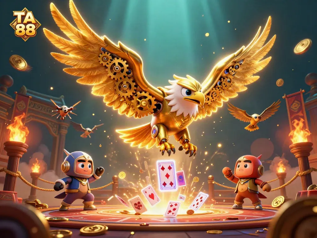 TA 88 features a cybernetic eagle and falcons diving through holographic cards, embodying an exciting gaming atmosphere.