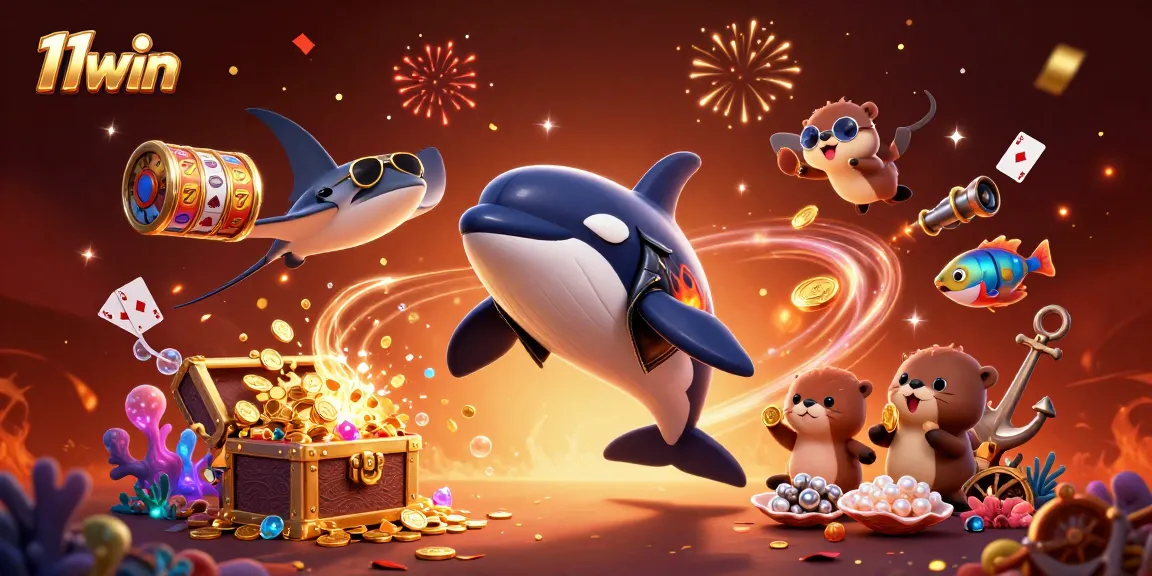 Experience thrilling 11win action with an orca whale and sea otters in a vibrant casino scene.