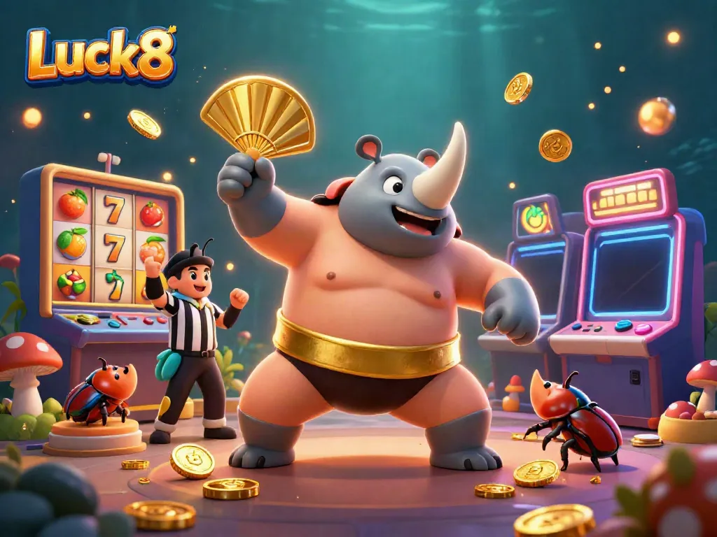 Luck8 brings excitement with a dynamic scene featuring a beetle champion and slot elements in a vibrant casino-themed illustration.