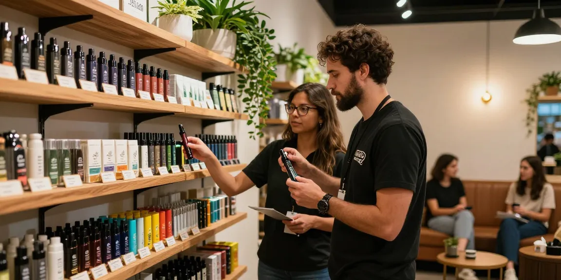 Customer exploring thc pens with budtender in a stylish cannabis dispensary.