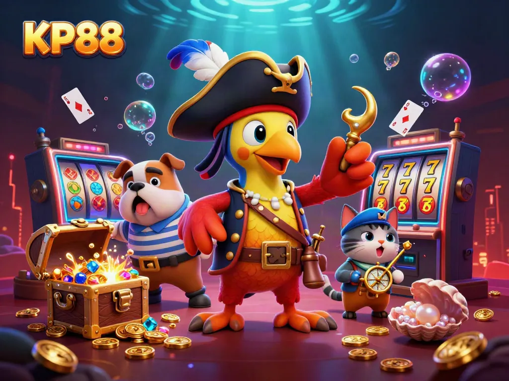 Engage with KP88 gaming excitement featuring a captivating pirate-themed casino scene.